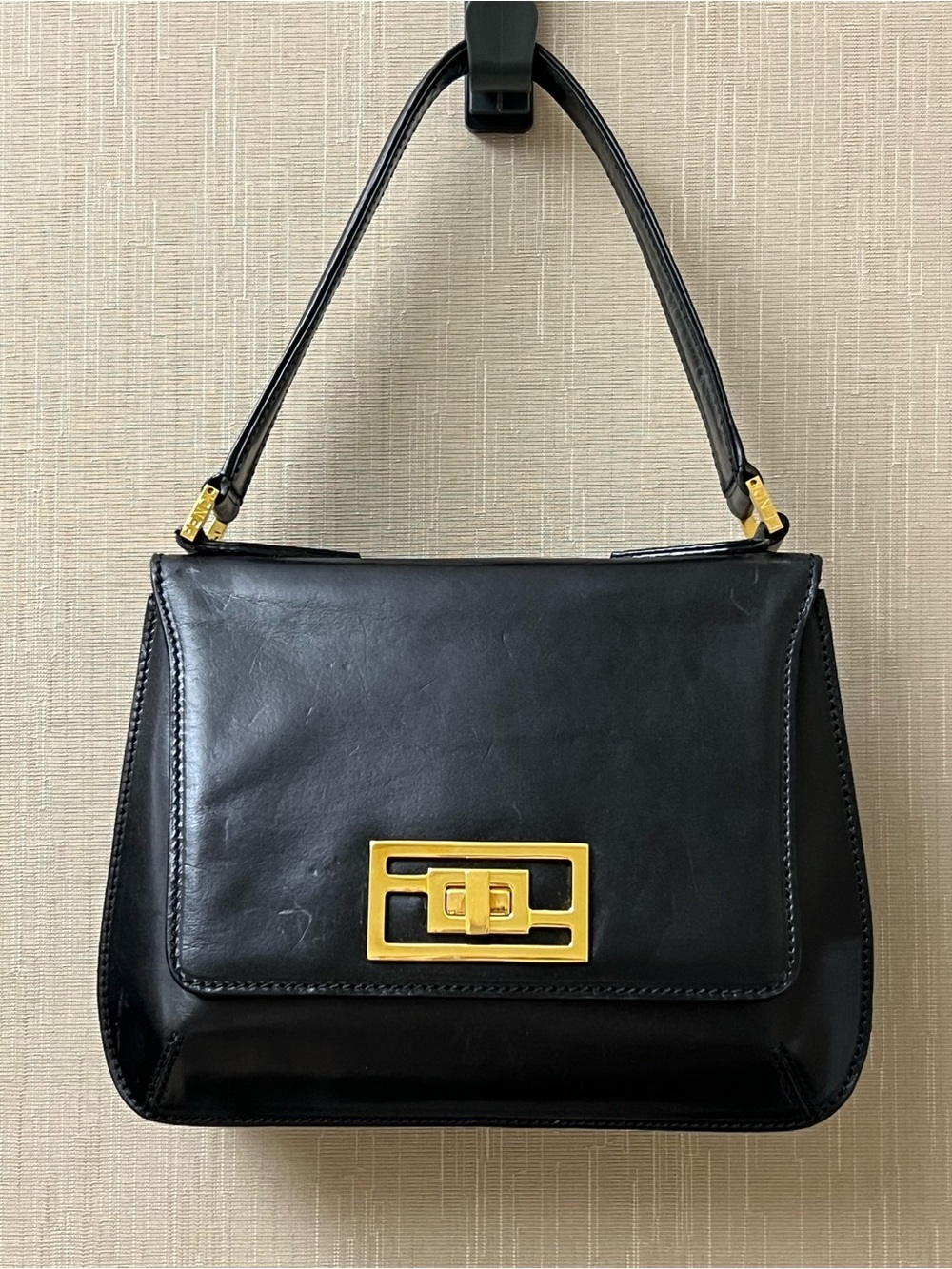 Vintage '90s Fendi Black Leather Shoulder Bag Gold Hardware